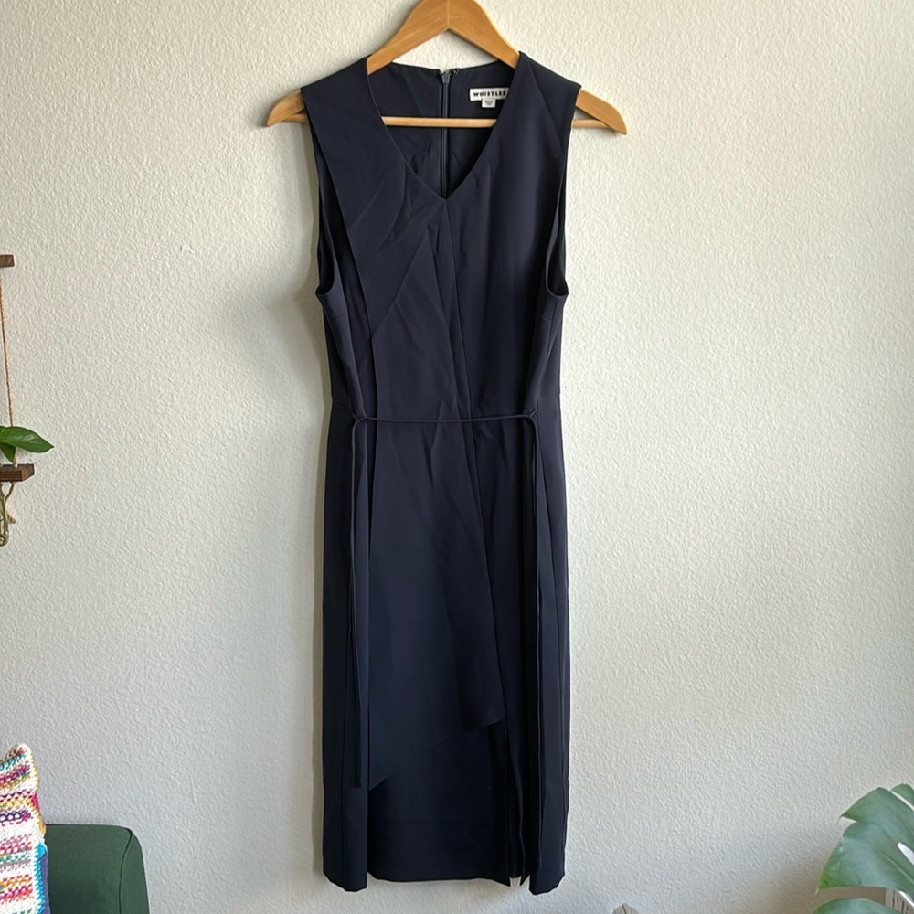 Whistles Navy Blue Midi Crepe Dress Belted Tie Waist Size US 10